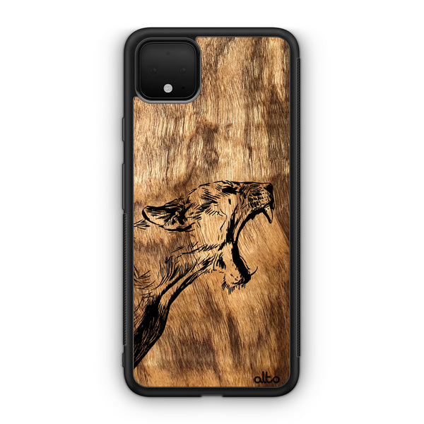 Google Pixel 6, 6Pro, 5A Wooden Case - Wildcat Design | Olive Wood |Lightweight, Hand Crafted, Carved Phone Case